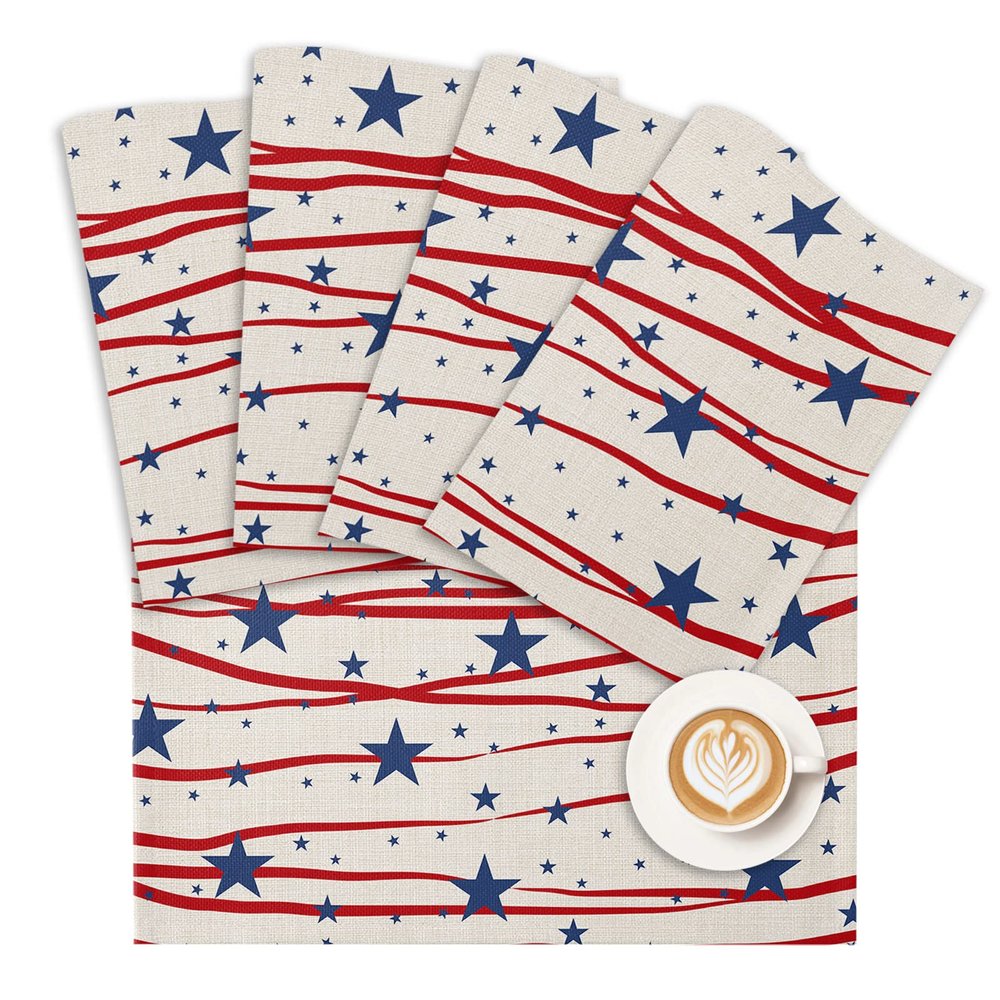 4th of July Placemats Patriotic Stars Place Mats for Dining Room Dinner Table Red Stripes Washable Table Mats Independence Day Memorial Day Kitchen Decorations Set of 4