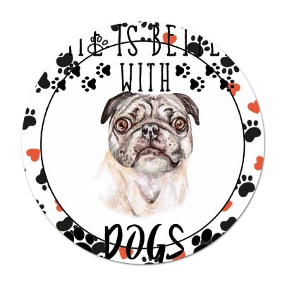 Bomehhjuli Welcome Sign Front Decor Round Metal Sign Life is Better with Dogs Wreath Metal Wall Art French Bulldog Dog Paw Heart 9.2in Pet Animal Artistic Decoration Sign for Cafes Bars Pubs Shop