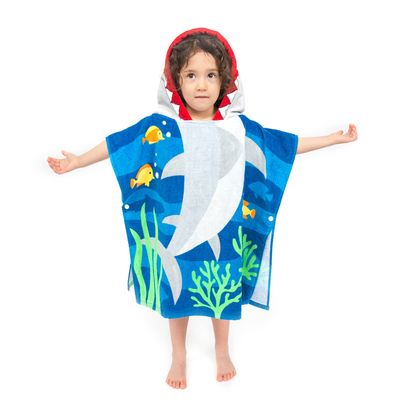 Florica Toddler Hooded Beach Towel Coverup Cape Kids Cotton Soft Quick Dry Absorbent Use for Swim Pool Bath Poncho Towels 2 to 6 Years Old Children 24"x 47" in Full-Length (Brave Shark)