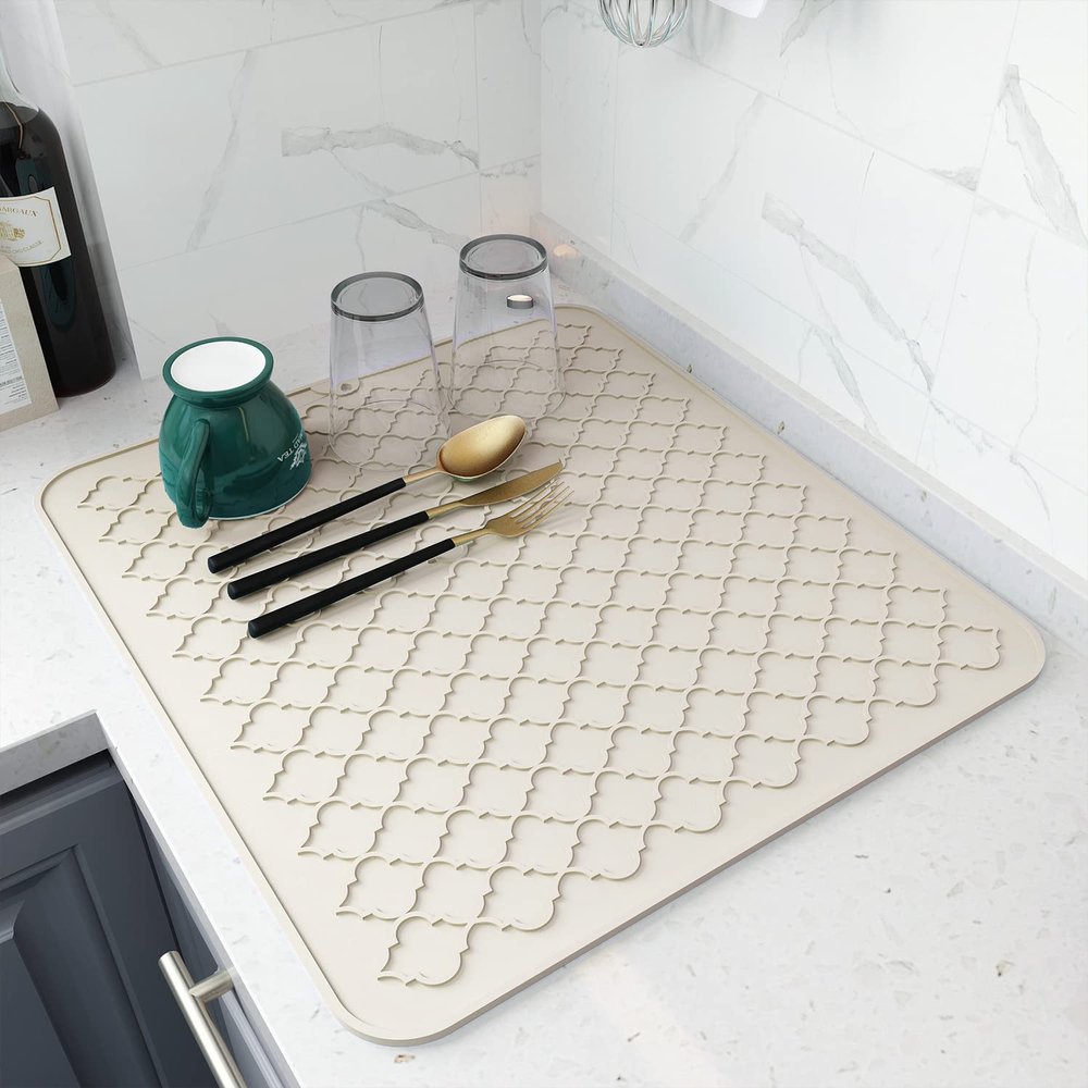 AMOAMI-Dish Drying Mats for Kitchen Counter-Silicone Dish Drying Mat-Kitchen Dish Drying Pad Heat Resistant Mat-Kitchen Gadgets Kitchen Accessories Kitchen Small Appliances(16" x 18", BEIGE)