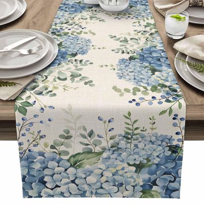 Table Runner Dresser Scarves, Farmhouse Eucalyptus Blue Hydrangea Plants Linen Table Runners 48 Inches Long,Non-Slip Washable Kitchen Dining Coffee Table Decor for Farmhouse Party Holiday Dinner