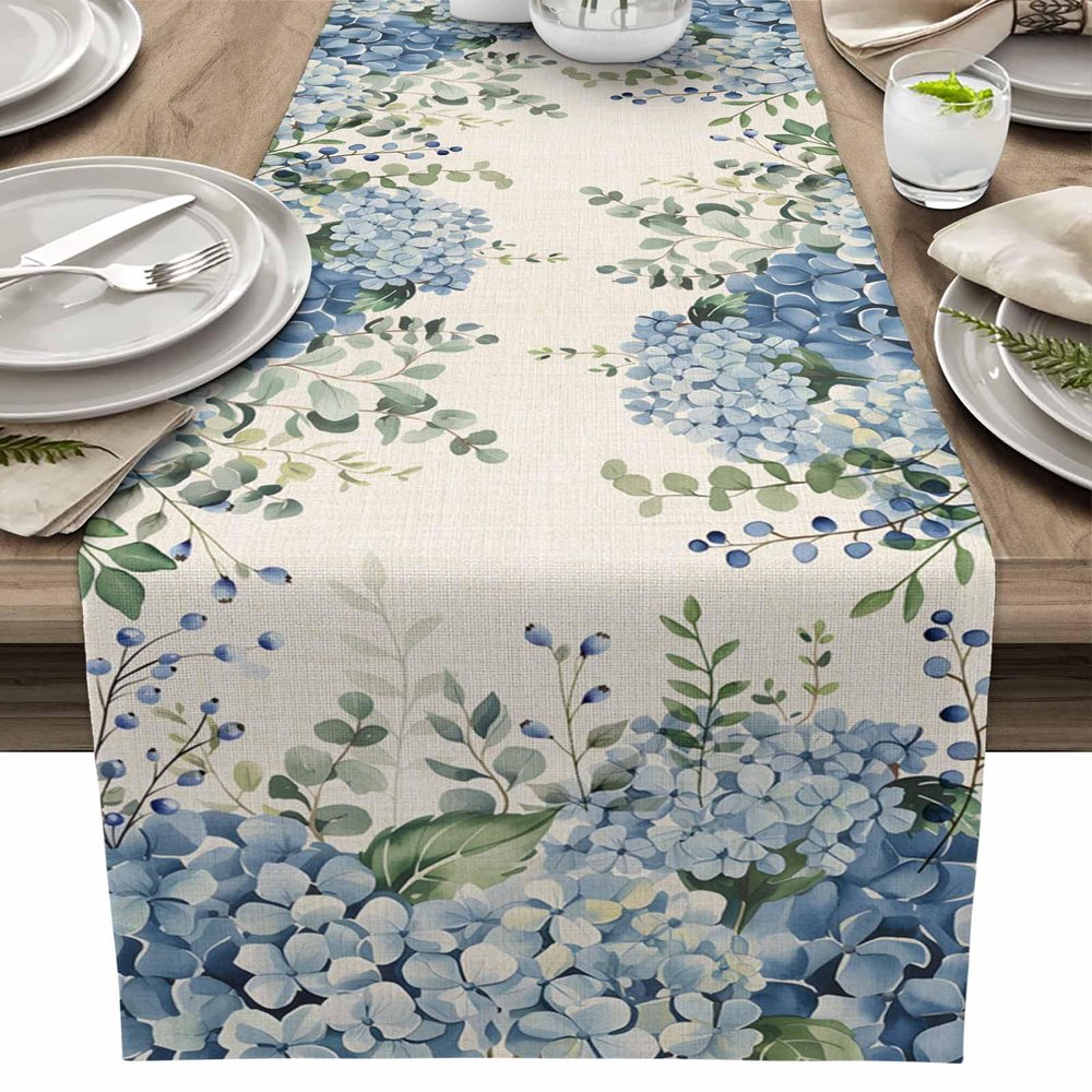Table Runner Dresser Scarves, Farmhouse Eucalyptus Blue Hydrangea Plants Linen Table Runners 48 Inches Long,Non-Slip Washable Kitchen Dining Coffee Table Decor for Farmhouse Party Holiday Dinner