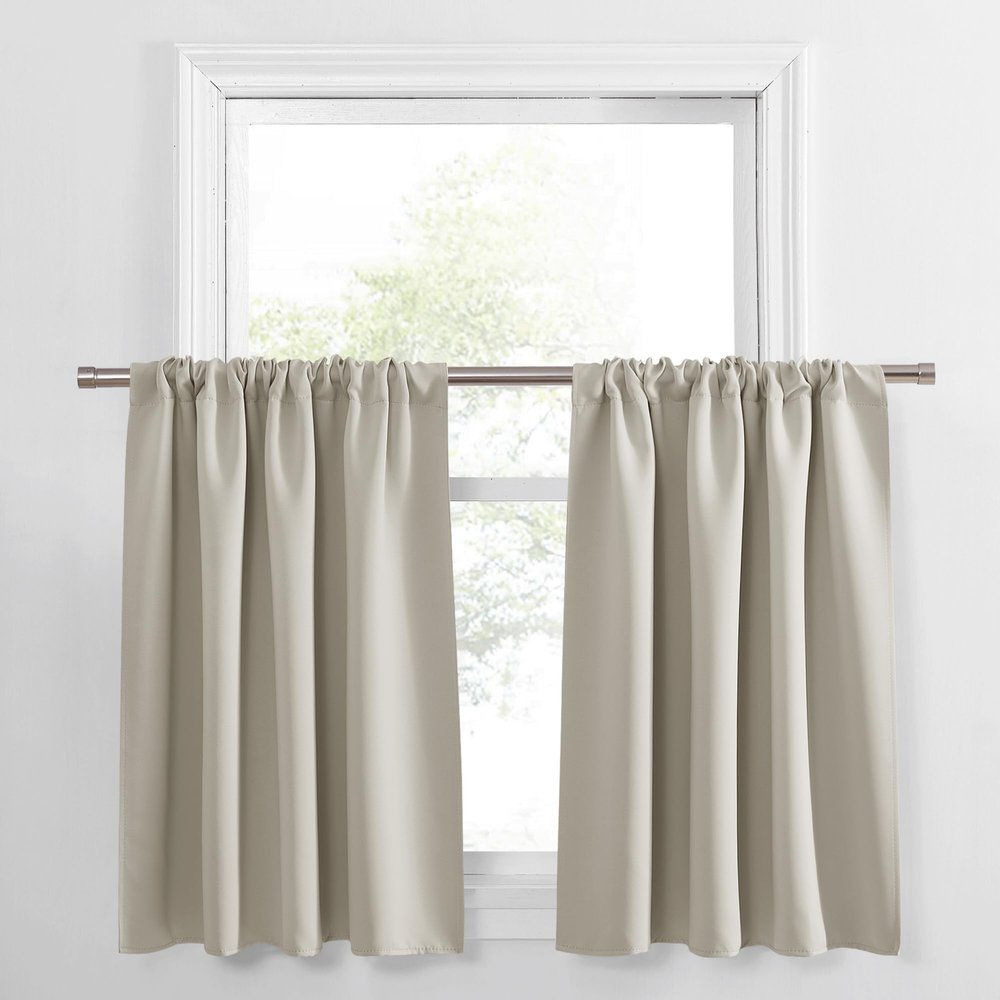 PONY DANCE Cream Draperies & Curtains - Room Darkening Rod Pocket Top Thermal Insulated Noise Reducing Short Curtain Panels for Kitchen Bedroom, 42 Wide x 36 Inches Long, Cream, 2 PCs