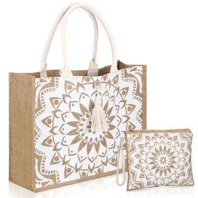 Buryeah 2 Pcs Large Beach Burlap Jute Tote Bag for Women Straw Cute Beach Jute Tote Handbags Reusable Grocery Bag for Mother Teacher Wedding Shopping Travelling Gym