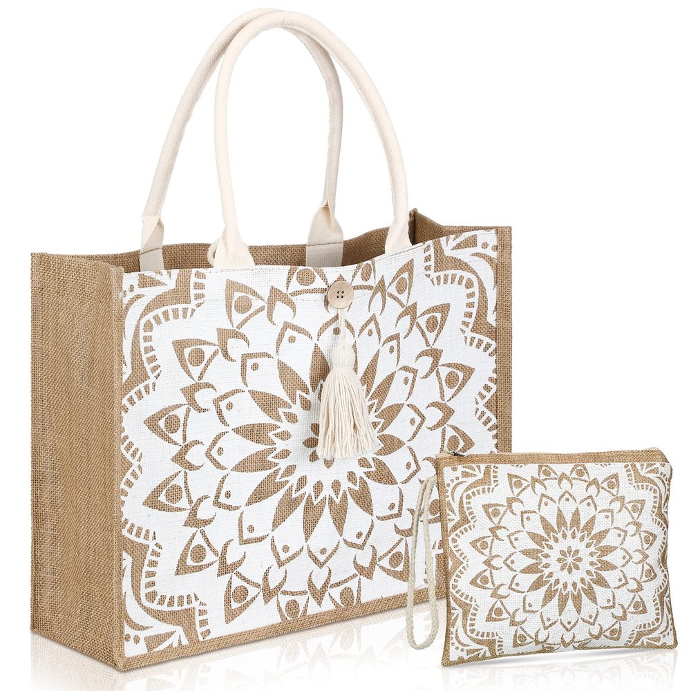 Buryeah 2 Pcs Large Beach Burlap Jute Tote Bag for Women Straw Cute Beach Jute Tote Handbags Reusable Grocery Bag for Mother Teacher Wedding Shopping Travelling Gym
