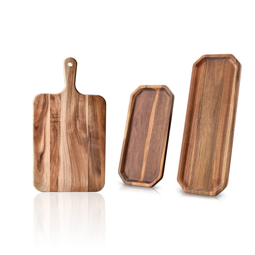 14x7 Acacia Wood Cutting Board Charcuterie Cheese Board with Set of 2 Solid Acacia Wood Serving Trays 16" and 12" Rectangular Wooden Serving Platters for Dessert
