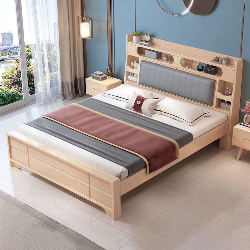 CraftThink Modern Pine Wood Bed Frame Bookcase Standard Bed in Natural, Single Bed for Bedroom Boys Girls- Size: Twin XL, Wood/Upholstered Headboard, Bookcase (Without Pull-Out Storage)