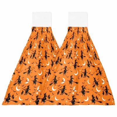 BOBOWUNY Halloween 2 Pcs Hanging Kitchen Hand Towels, Black Witch-Brew Broom Fall Horror Decor Super Soft Microfiber Tie Towels Aborbent Washcloth for Bathroom Oven Tea Bar