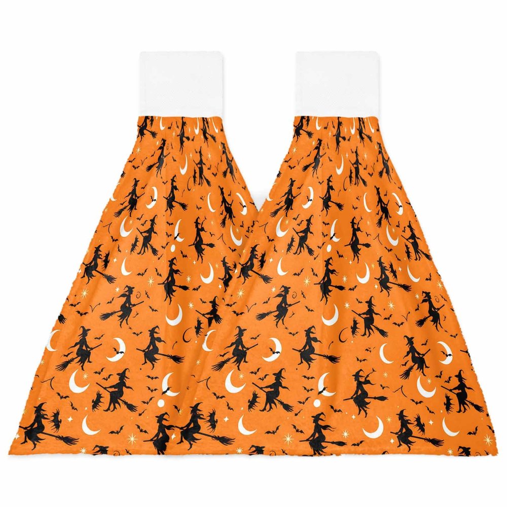 BOBOWUNY Halloween 2 Pcs Hanging Kitchen Hand Towels, Black Witch-Brew Broom Fall Horror Decor Super Soft Microfiber Tie Towels Aborbent Washcloth for Bathroom Oven Tea Bar