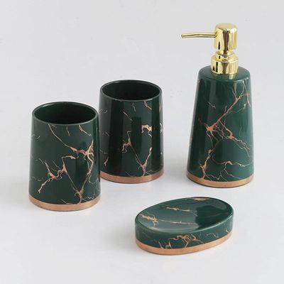 RUNLAIKEJI 4-Piece Ceramic Bthroom Accessories Set, Home Bathroom Counter Set with Soap Dispenser, Soap Dish, 2 Mouthwash Cups, Electroplated Ceramic Bathroom Set-Exquisite (Marbling)