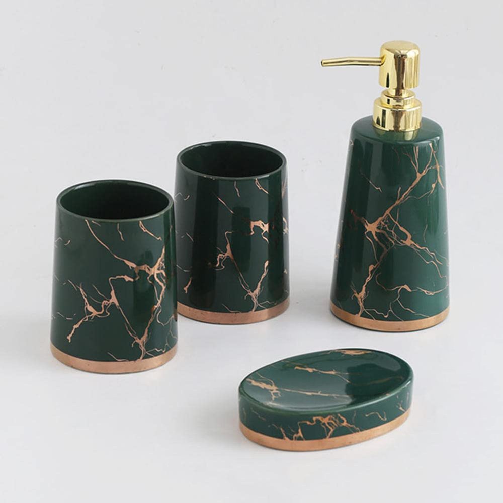 RUNLAIKEJI 4-Piece Ceramic Bthroom Accessories Set, Home Bathroom Counter Set with Soap Dispenser, Soap Dish, 2 Mouthwash Cups, Electroplated Ceramic Bathroom Set-Exquisite (Marbling)