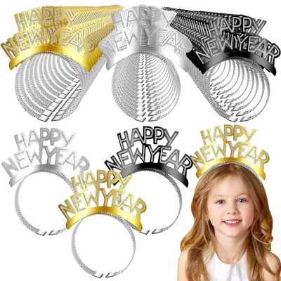 Retisee 96 Pcs 2026 Happy New Year Headband Tiara Glitter New Years Eve Party Favors 2026 Crown Hair Accessory Gifts for Party Decorations Supplies, Gold, Silver, Black