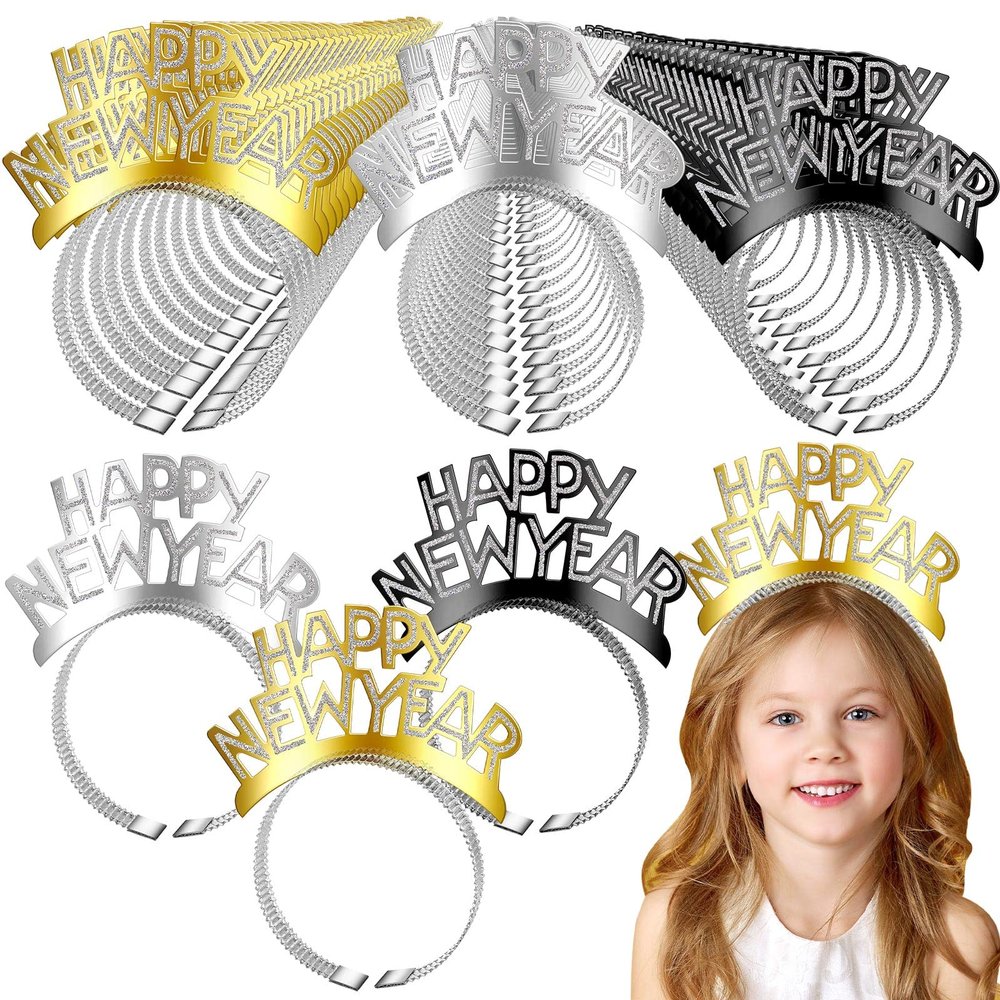 Retisee 96 Pcs 2026 Happy New Year Headband Tiara Glitter New Years Eve Party Favors 2026 Crown Hair Accessory Gifts for Party Decorations Supplies, Gold, Silver, Black