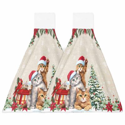 BOBOWUNY Farmhouse Cat 2 Pcs Hanging Kitchen Hand Towels, Christmas Poinsettia Eucalyptus Leaf Snowflake Super Soft Microfiber Tie Towels Aborbent Washcloth for Bathroom Oven Tea Bar