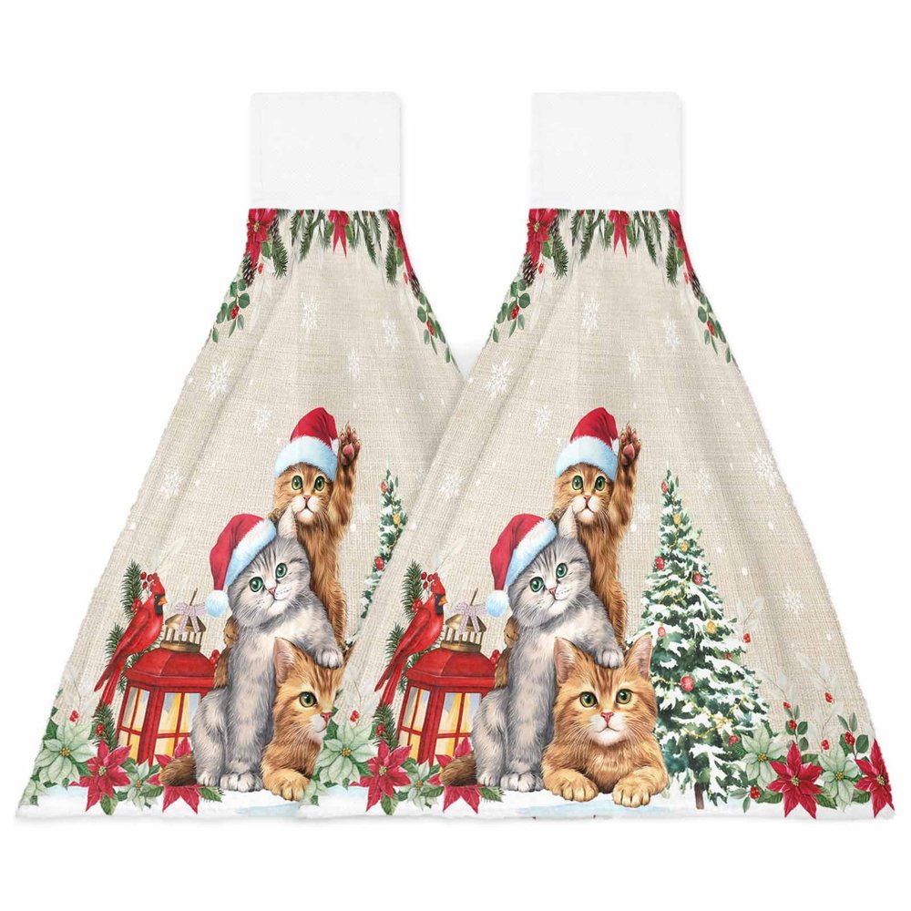 BOBOWUNY Farmhouse Cat 2 Pcs Hanging Kitchen Hand Towels, Christmas Poinsettia Eucalyptus Leaf Snowflake Super Soft Microfiber Tie Towels Aborbent Washcloth for Bathroom Oven Tea Bar