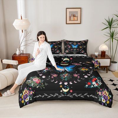Sun and Moon Kids Comforter Set Queen Size,Starry Sky Galaxy Planet Trippy Bedding Set,Boys Girls Adults Room Decor,Butterfly Flowers Boho Exotic Down Comforter,Colorful Duvet Insert,2 Pillowcases