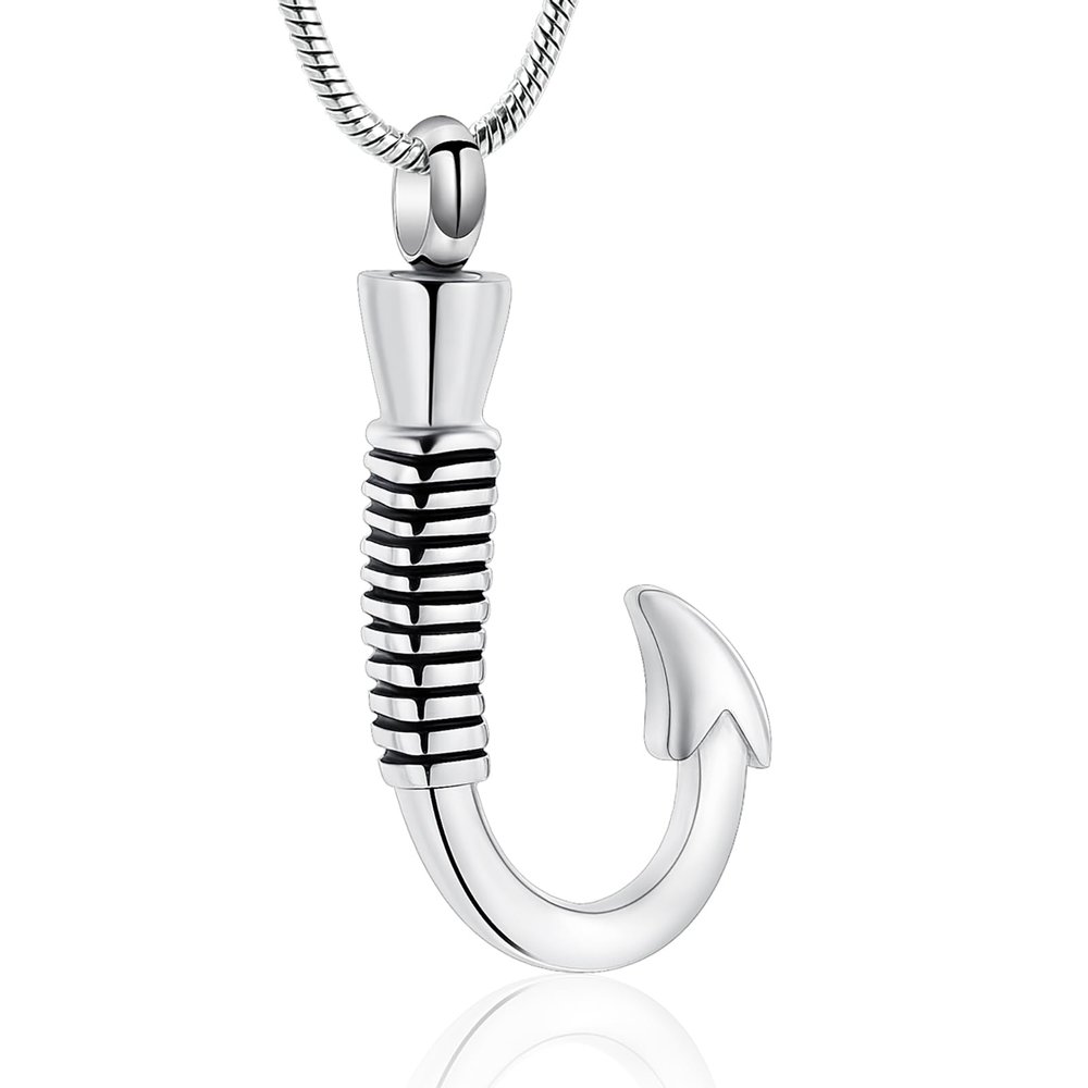 BAOWIQI Urn Necklace For Ashes,Fishing Hook Urn Necklace for Ashes Fish Hook Stainless Steel Cremation Jewelry Memorial Pendant Keepsake for Men (Steel)