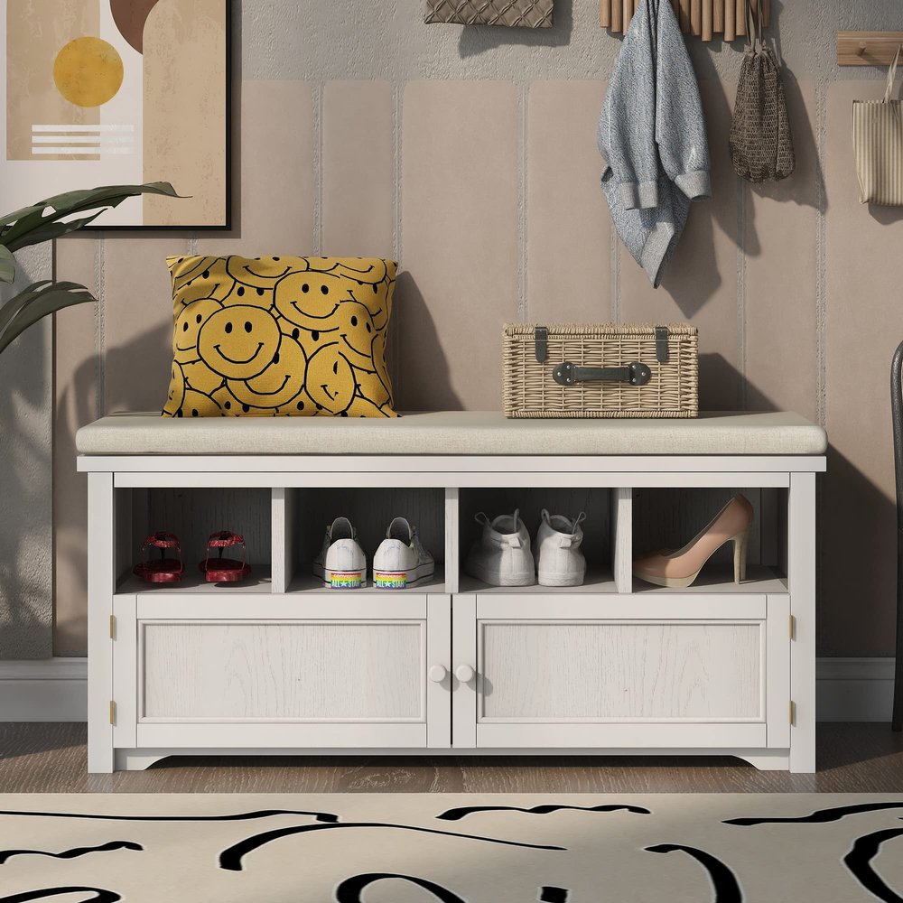 LUMISOL Storage Bench with 2 Doors and Shoe Rack Storage Chest with Seat Cushion Shoe Cabinet for Foyer Entryway Hallway