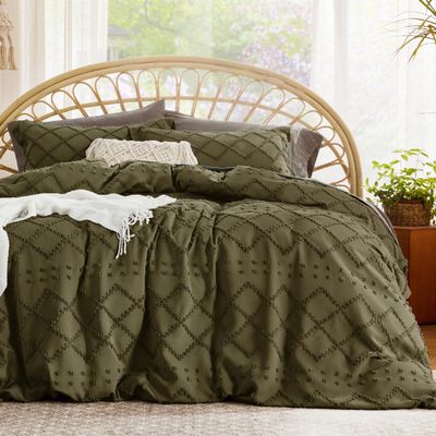 Bedsure Boho Duvet Cover Queen Size - Olive Green Breathable & Soft Boho Bedding, Machine Washable Comforter Cover for All Seasons, Includes 1 Duvet Cover 90"x90" with 2 Pillow Shams & Zipper Closure