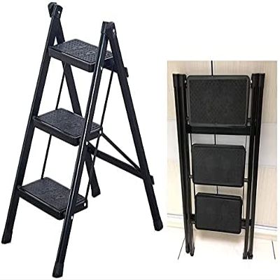 OKUOKA Ladders,Step Ladder 2/3 Step Stool Chair Anti Slip with Platform and Feet Multi- Folding Ladder Hohold Stepladder for Kitchen/Adults 150Kg Capacity/Black/3 Layer