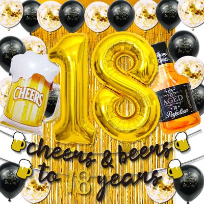 18th Birthday Decorations for Boys, 18 Birthday Decorations with 40 Inch Gold 18 Number Balloons, Cheers to 18 Years Banner,Fringe Curtains and Cups Foil Balloons