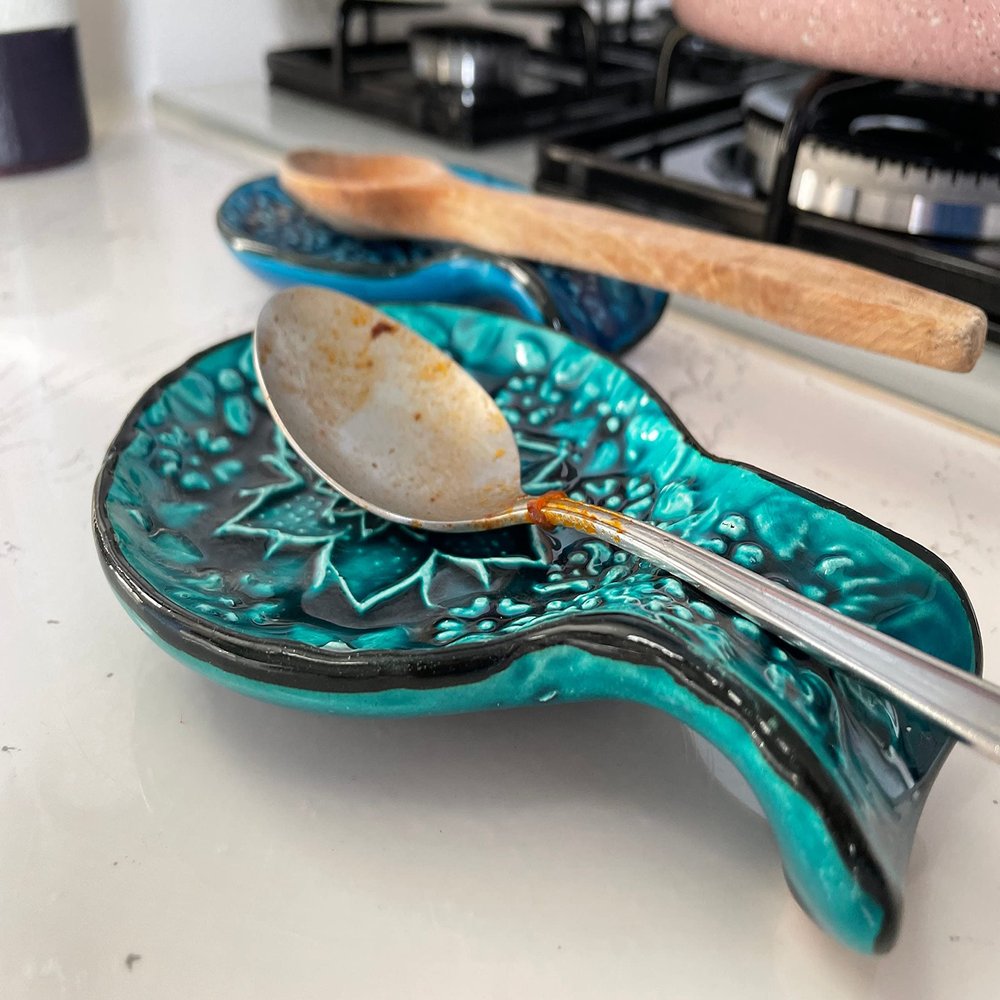 Blue & Turquoise Turkish Ceramic Spoon Rest, Authentic Ladle Scoop Fork Rest, Stove Tea Bag Holder, Kitchen Utensil Holder, Gift for Home