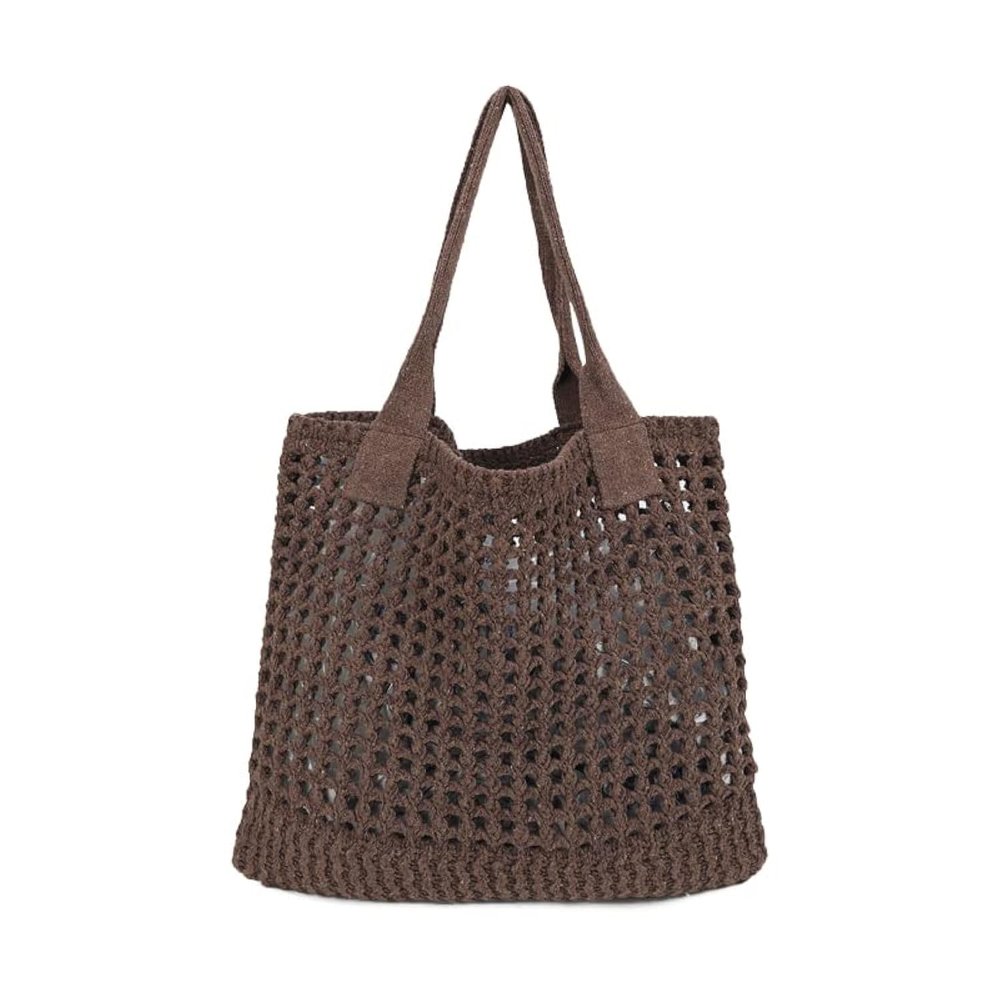 ENBEI Women's Beach Tote Bag, Crocheted Knit Hollow Design, Stylish & Spacious Tote for Beach,Travel,and Everyday Use,Cute Aesthetic Summer Handbag (coffee)