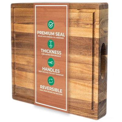 Saffron & Sage Large Wood Cutting Board - Thick 16 x 12 x 1.5 Inch Acacia Wooden Cutting Boards for Kitchen use with Deep Juice Groove, Reversible Chopping Board Doubles as a Big Charcuterie Board