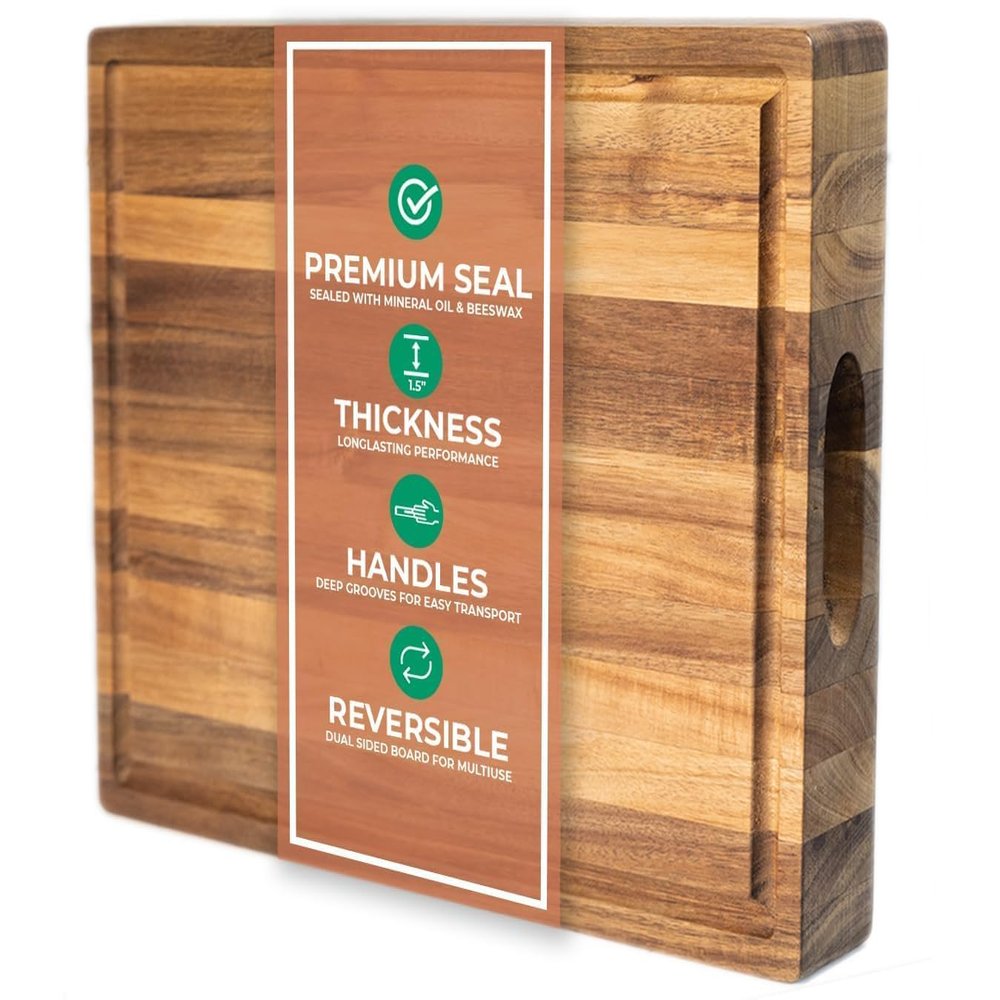 Saffron & Sage Large Wood Cutting Board - Thick 16 x 12 x 1.5 Inch Acacia Wooden Cutting Boards for Kitchen use with Deep Juice Groove, Reversible Chopping Board Doubles as a Big Charcuterie Board