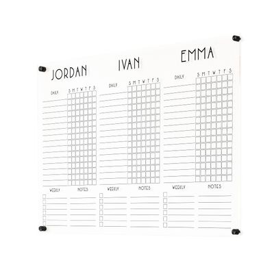 Horizontal Three-Child Clear Acrylic Chore Chart with Custom Sections (38"W x 26"H, Matte Black Standoffs)