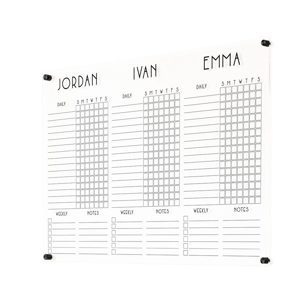 Horizontal Three-Child Clear Acrylic Chore Chart with Custom Sections (38"W x 26"H, Matte Black Standoffs)