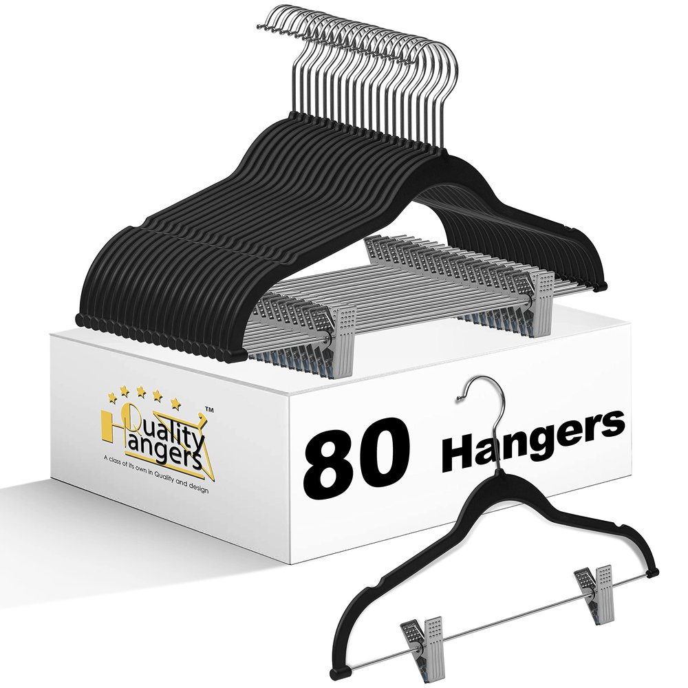 80 Pack Black Quality Plastic Non Velvet Non-Flocked Thin Compact Coat Hangers with Metal Clips for Skirts Pants Blouses 360 Swivel Hook