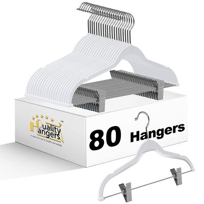 80 Pack White Quality Plastic Non Velvet Non-Flocked Thin Compact Coat Hangers with Metal Clips for Skirts Pants Blouses 360 Swivel Hook