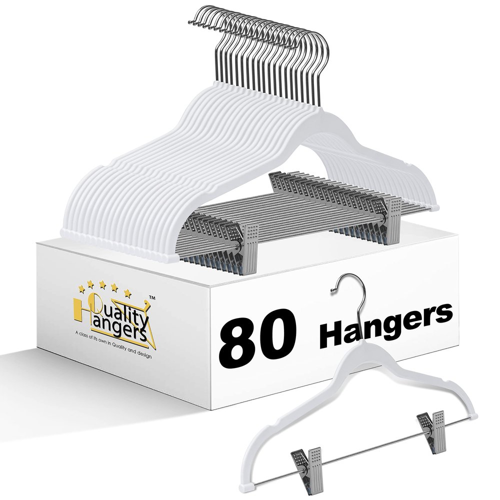 80 Pack White Quality Plastic Non Velvet Non-Flocked Thin Compact Coat Hangers with Metal Clips for Skirts Pants Blouses 360 Swivel Hook