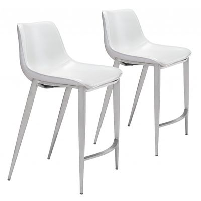 HomeRoots Set of Two White Faux Leather and Steel Modern Stitch Bucket Counter Chairs