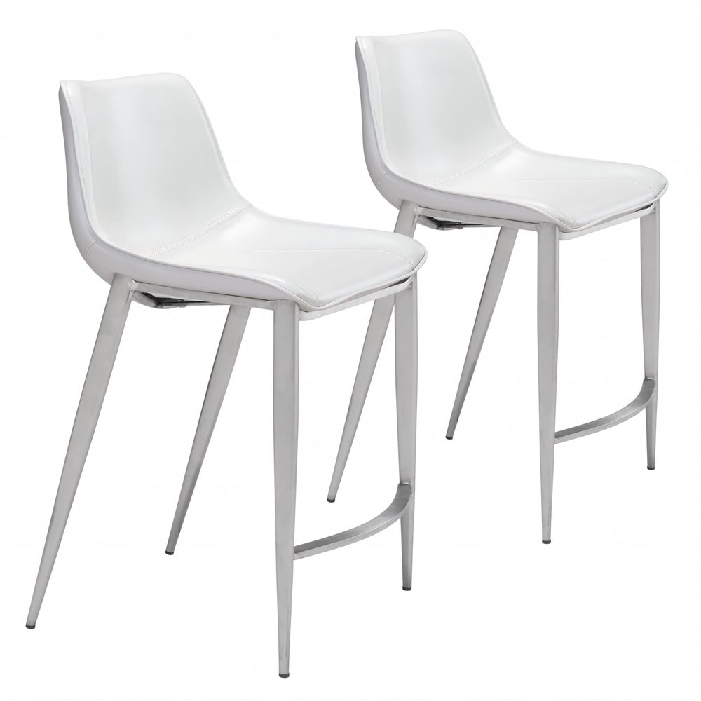 HomeRoots Set of Two White Faux Leather and Steel Modern Stitch Bucket Counter Chairs