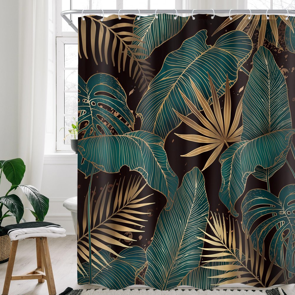 Cinbloo Green Shower Curtain 60Wx72H Black and Gold Tropical Bathroom Decor Abstract Palm Leaves Hawaiian Monstera Modern Brown Botanical Plant Nature Bath Curtain Fabric with 12 Hooks