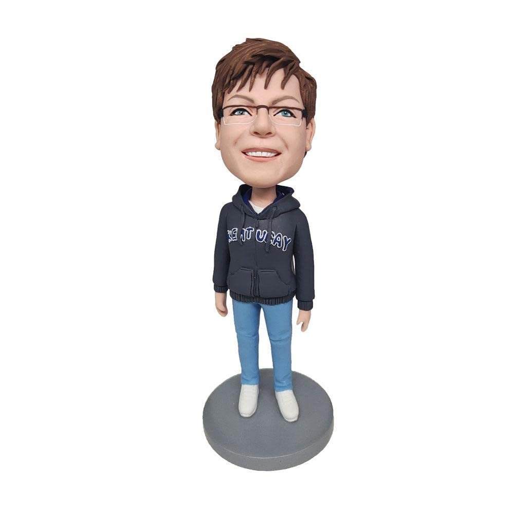 Custom Casual Lady Bobblehead - Personalized Relaxed Figurine for Women, Made from Your Photo, Lady in Gray Hoodie, Handmade Clay Gift for Friendship Office Home Decor Collectible
