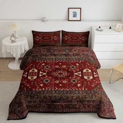 Boho Tribal Comforter Set King, Retro Exotic Bedding Set, Vintage Lattice Bohemian Down Comforter, Dark Red Antique Grid Damask Inspired Medallion Egyptian 3Pcs Duvet Insert