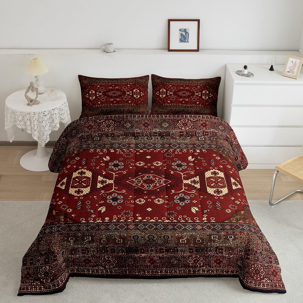 Boho Tribal Comforter Set King, Retro Exotic Bedding Set, Vintage Lattice Bohemian Down Comforter, Dark Red Antique Grid Damask Inspired Medallion Egyptian 3Pcs Duvet Insert
