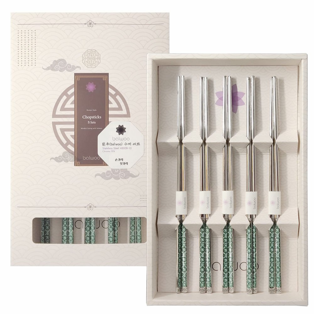 BALWOO Chopsticks [Made in Korea][5 Sets] 430 Premium Stainless Steel Chopsticks, Mukbang Kitchen Utensil, Cutlery Silverware Stainless Tableware (Goryeo Celadon Blue)