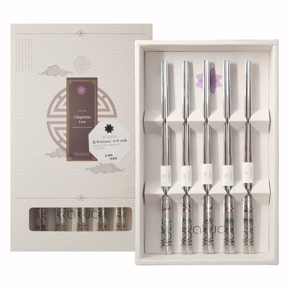 BALWOO Chopsticks [Made in Korea][5 Sets] 430 Premium Stainless Steel Chopsticks, Mukbang Kitchen Utensil, Cutlery Silverware Stainless Tableware (The milky way)