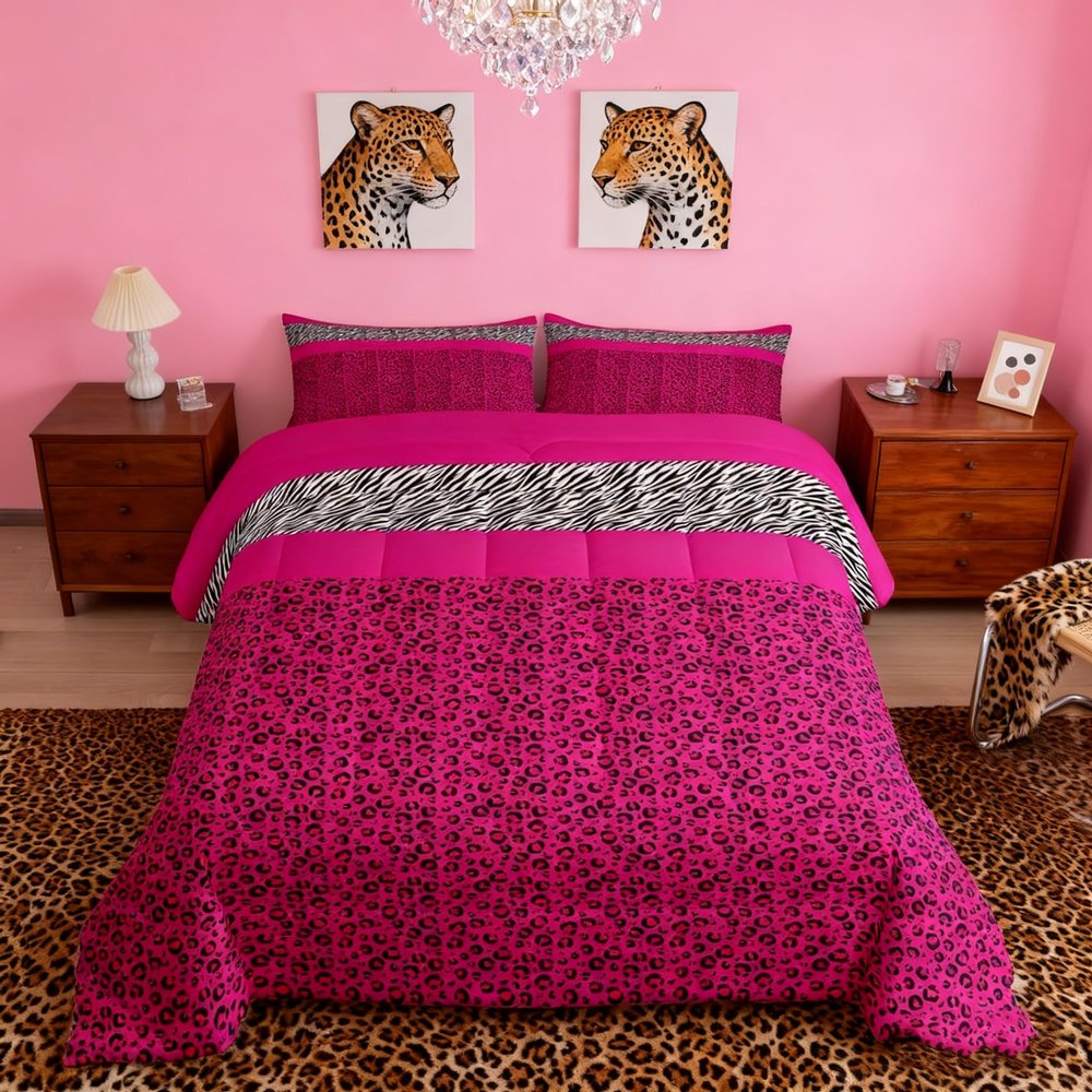 Manfei Pink Leopard Comforter Set Twin Size, Black White Zebra Print Bedding Set 2pcs for Kids Girls Adults Room Decor, Wild Animal Skin Down Comforter with 1 Pillowcase, No Sheets