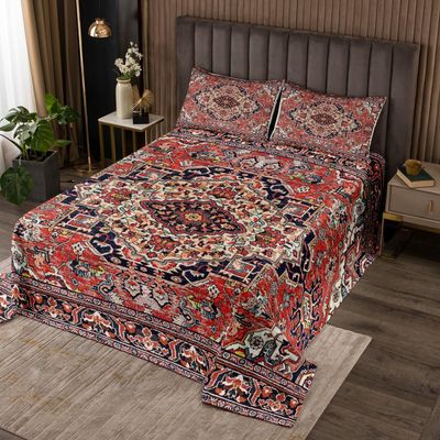 Erosebridal Geometric Boho Quilt Twin Bohemian Exotic Bedspread Red Blue Lattice Tribal Coverlet Retro Indian Floral Bedroom Decor Vintage Flower Quilted for Women Adults Men