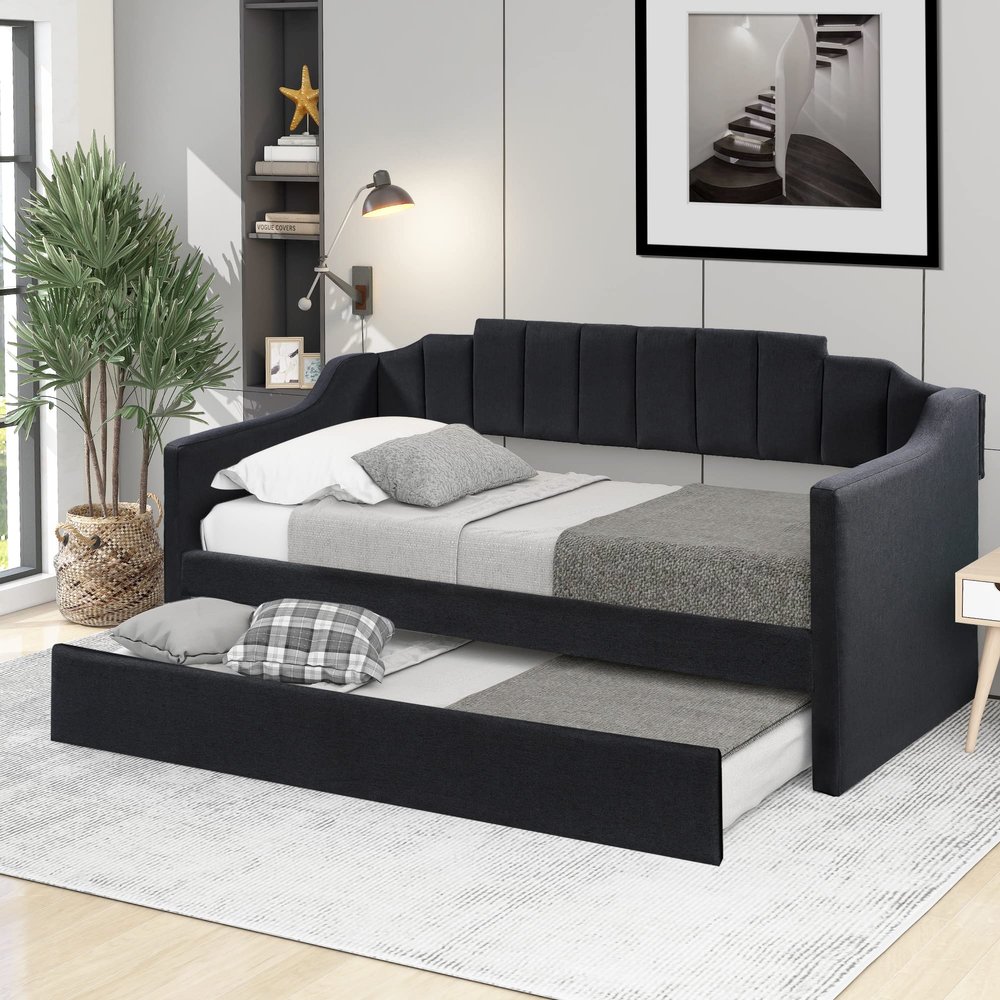Classic Upholstered Daybed with Trundle,Wood Twin Size Sofa Bed with Handrail,for Kids Boys Girls Teens Adults Bedroom Use (Black@W)
