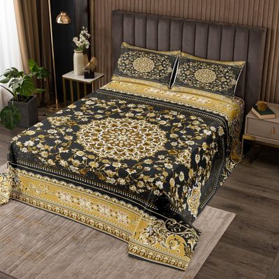 Erosebridal Royal Floral Quilt King Black Gold Boho Bedspread European Exotic Flowers Coverlet Bohemian Black Yellow Geometric Lattice Soft Luxury Bedspread Quilt Set