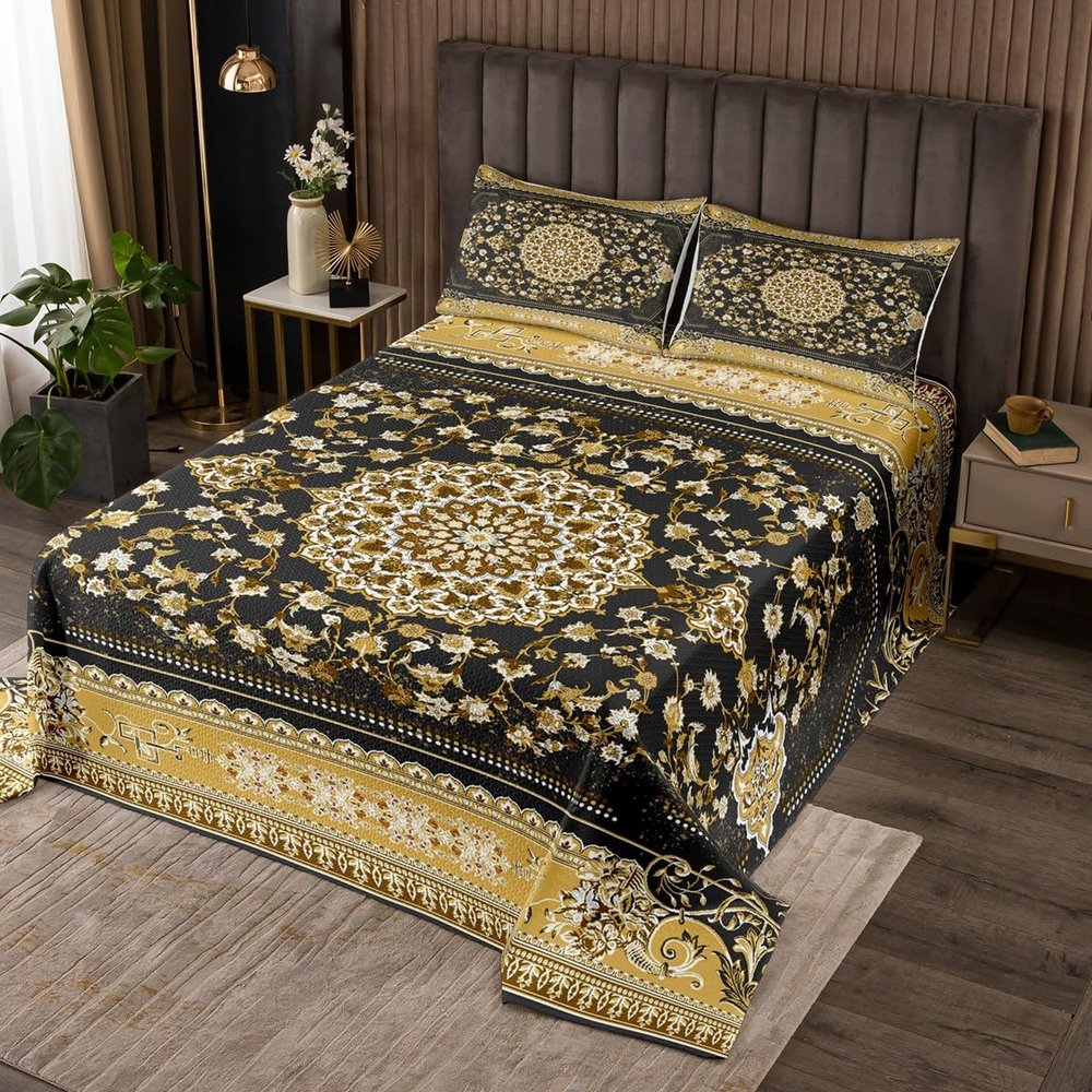 Erosebridal Royal Floral Quilt King Black Gold Boho Bedspread European Exotic Flowers Coverlet Bohemian Black Yellow Geometric Lattice Soft Luxury Bedspread Quilt Set