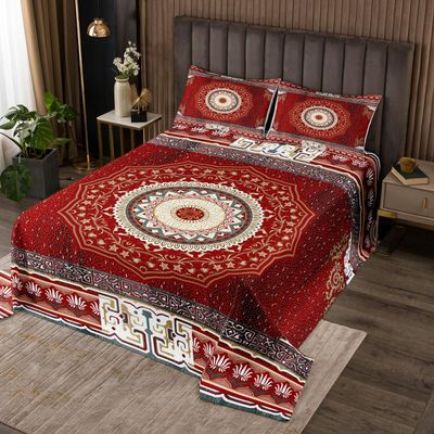 Erosebridal Tribal Pattern Quilt Queen Exotic Geometric Lattice Bedspread Boho Red Yellow Square Grid Coverlet Retro Bohemian Room Decor National Abstract Quilted