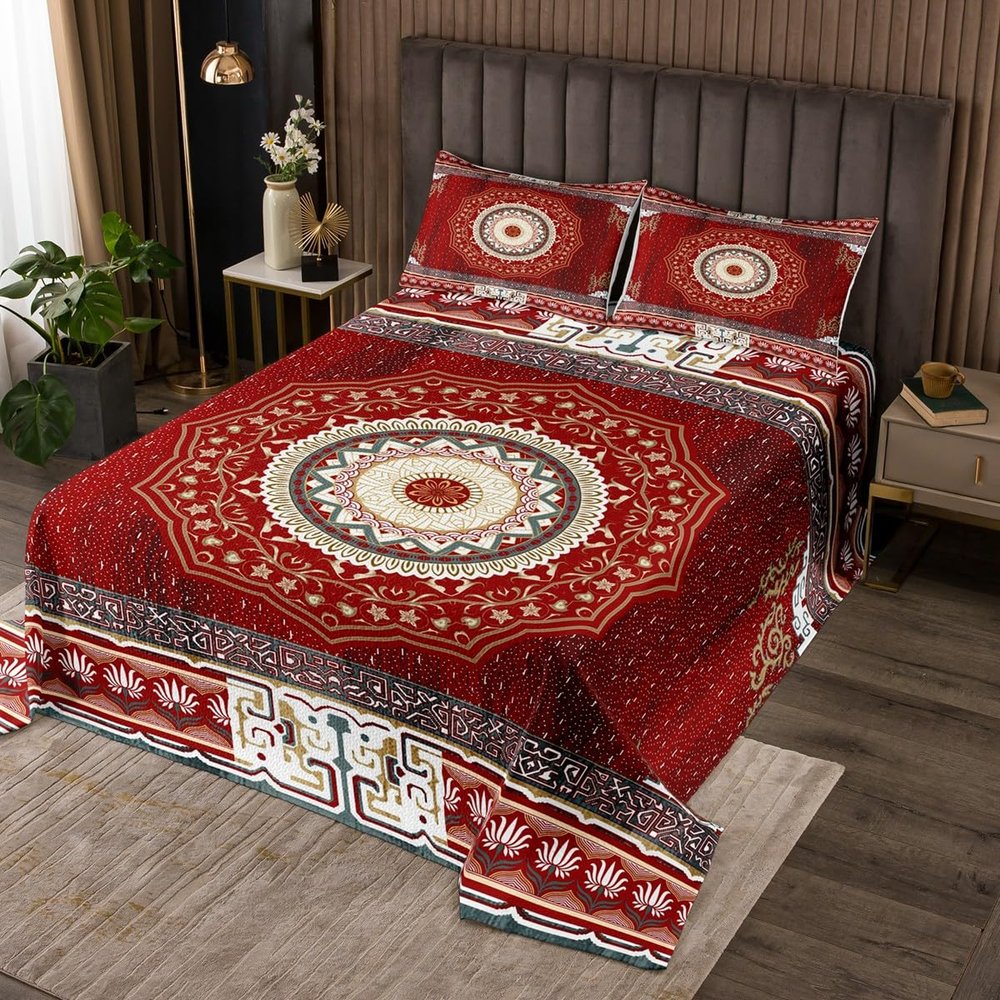 Erosebridal Tribal Pattern Quilt Queen Exotic Geometric Lattice Bedspread Boho Red Yellow Square Grid Coverlet Retro Bohemian Room Decor National Abstract Quilted