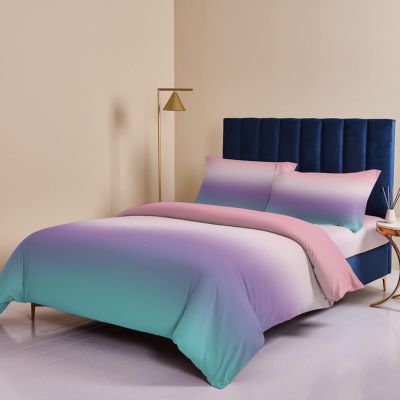4 Pieces Duvet Cover Queen Bedding Sets Purple Pink Teal Color Gradient for Bedroom Decor, Ultra Soft Luxury Comforter Cover Set with Bed Sheet and Decorative Pillow Shams Modern Minimalist Ombre Art